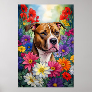 Pitbull in Flower Garden Poster