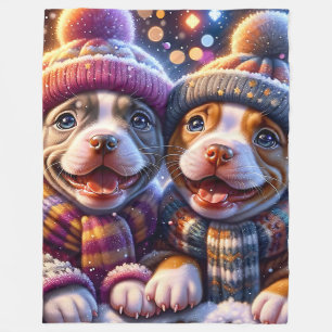 “Pitbull Puppies’ First Snowfall - Winter Art" Fleece Blanket