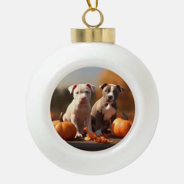 Pitbull Puppy Autumn Delight Pumpkin  Ceramic Ball Christmas Ornament (Front)