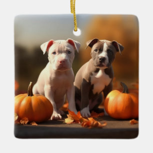 Pitbull Puppy Autumn Delight Pumpkin  Ceramic Ornament