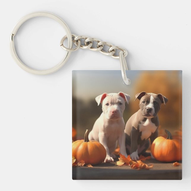Pitbull Puppy Autumn Delight Pumpkin  Key Ring (Front)