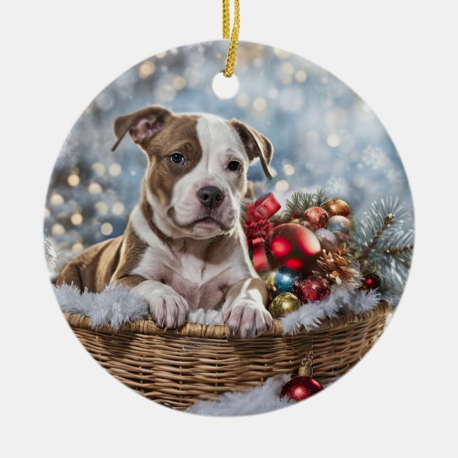 Pitbull Puppy Dog Christmas Holiday Ceramic Ornament (Front)