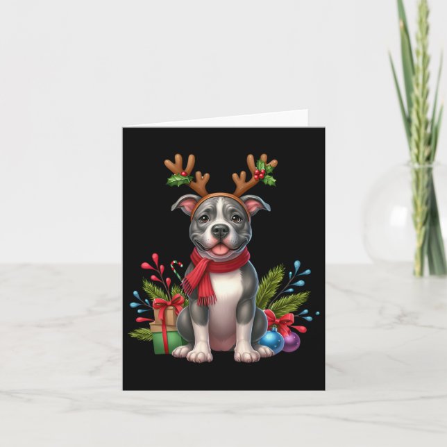 Pitbull Reindeer Santa Hat Xmas Lights Christmas X Card (Front)