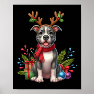 Pitbull Reindeer Santa Hat Xmas Lights Christmas X Poster