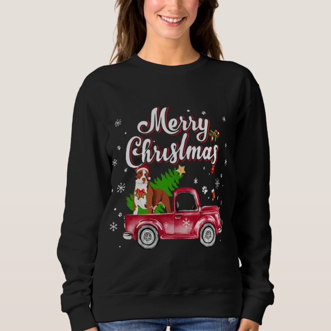 Pitbull Rides Red Truck Christmas Pajama Sweatshirt (Front)