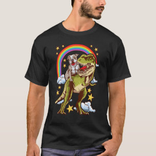Pitbull Riding A Dinosaur Rainbow Illustration Fun T-Shirt