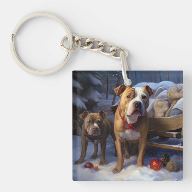 Pitbull Snowy Sleigh Christmas Decor Key Ring (Front)