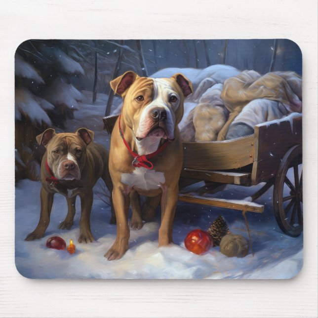 Pitbull Snowy Sleigh Christmas Decor Mouse Pad (Front)