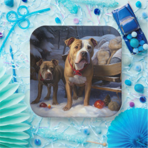Pitbull Snowy Sleigh Christmas Decor Paper Plate