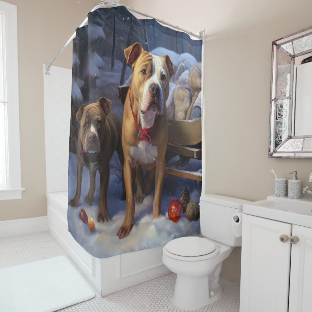 Pitbull Snowy Sleigh Christmas Decor Shower Curtain (In Situ)