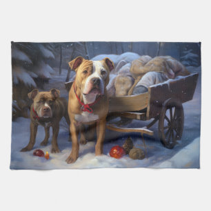 Pitbull Snowy Sleigh Christmas Decor Tea Towel