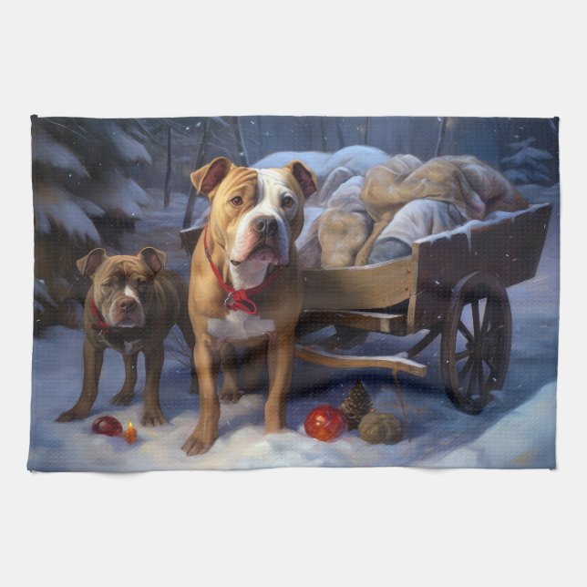 Pitbull Snowy Sleigh Christmas Decor Tea Towel (Horizontal)