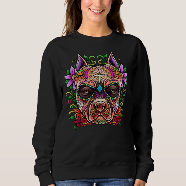 Pitbull Sugar Skull Day Of The Dead Holiday Cool Sweatshirt (Front)