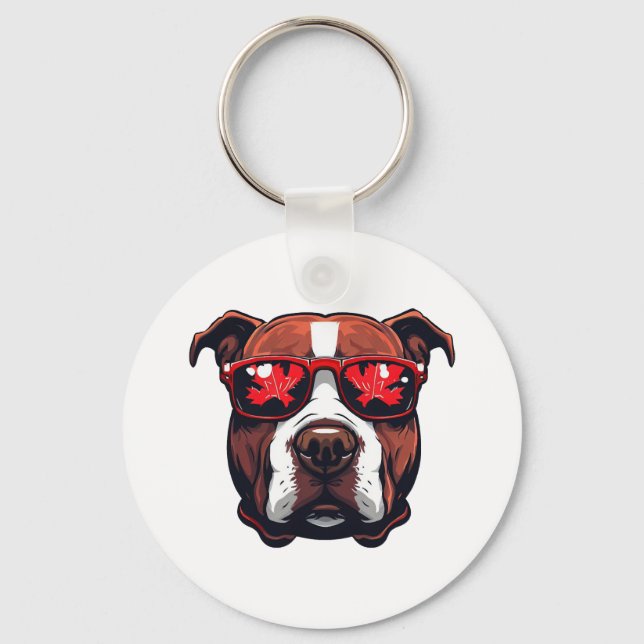 Pitbull Wearing Sunglasses in Canada colours Key Ring (Front)