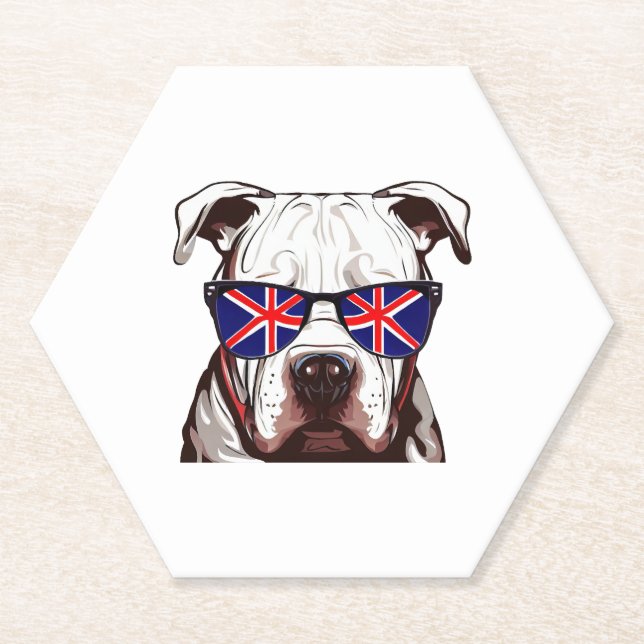 Pitbull Wearing Union Jack Sunglasses Paper Coaster (Front)