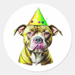 Pitbull with Birthday Hat Classic Round Sticker