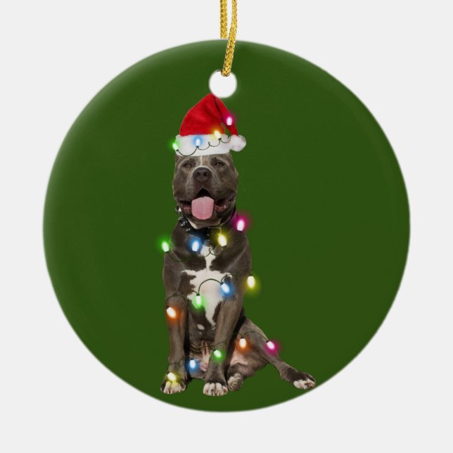 PITBULL With Christmas Scafts Santa Hat Ceramic Ornament (Front)