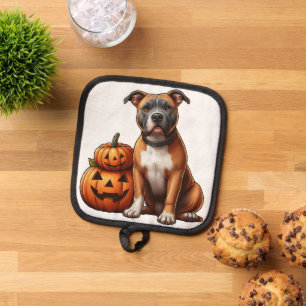 Pitbull with Halloween Pumpkins Pot Holder