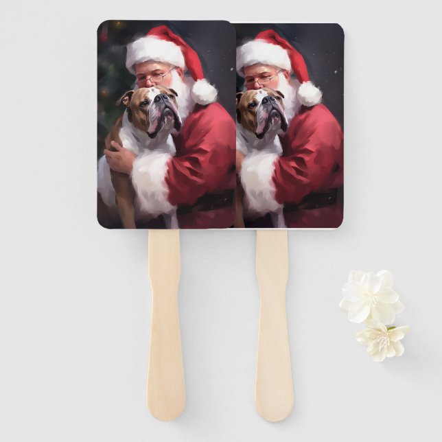 Pitbull With Santa Claus Festive Christmas Hand Fan (Front and Back)