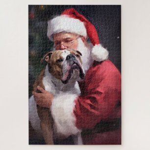 Pitbull With Santa Claus Festive Christmas Jigsaw Puzzle