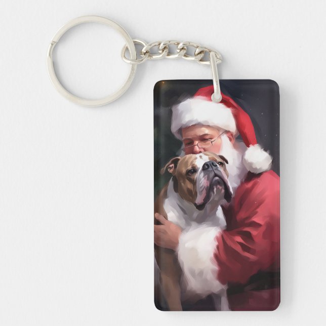 Pitbull With Santa Claus Festive Christmas Key Ring (Front)