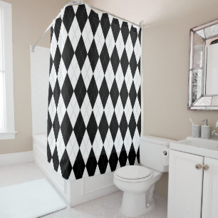 Pitch Black Argyle White Small Diamond Shape Shower Curtain