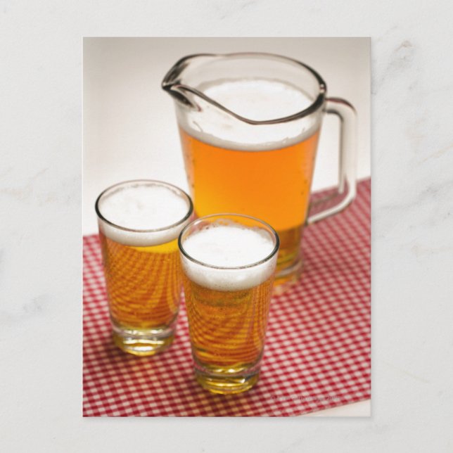 Pitcher of beer and two glasses filled with beer postcard (Front)
