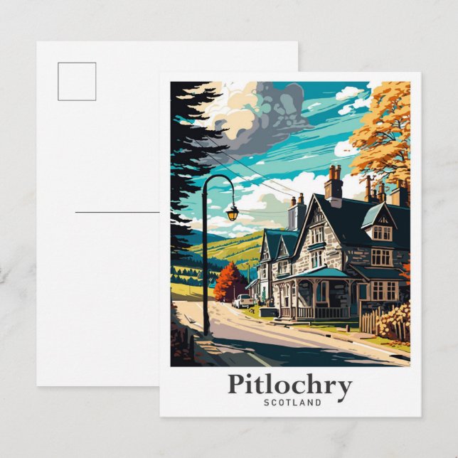 Pitlochry Scotland Art Vintage Travel Illustration Postcard (Front/Back)