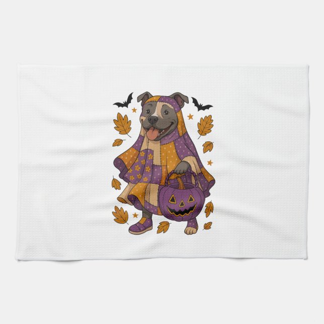 Pitpull Dog Ghost Halloween Tea Towel (Horizontal)