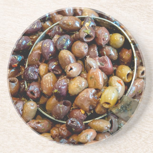Pitted and Seasoned Black Leccino Olives Coaster (Front)