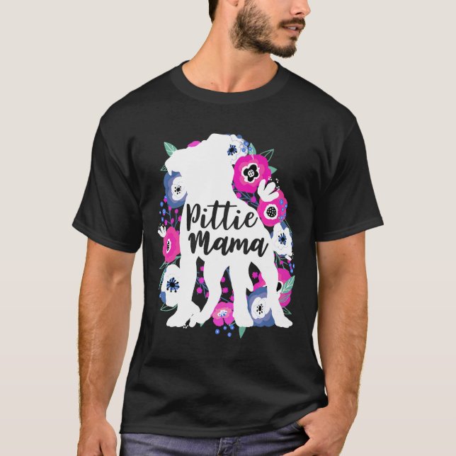 Pittie Mama Floral Flowers Pitbull Cute Pit Bull M T-Shirt (Front)