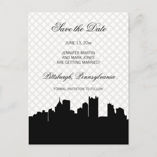 Pittsburgh Black and White Lace Save the Date Announcement Postcard (Front)