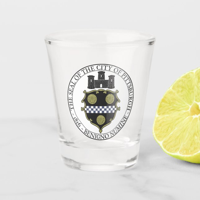 Pittsburgh city seal shot glass (Front)