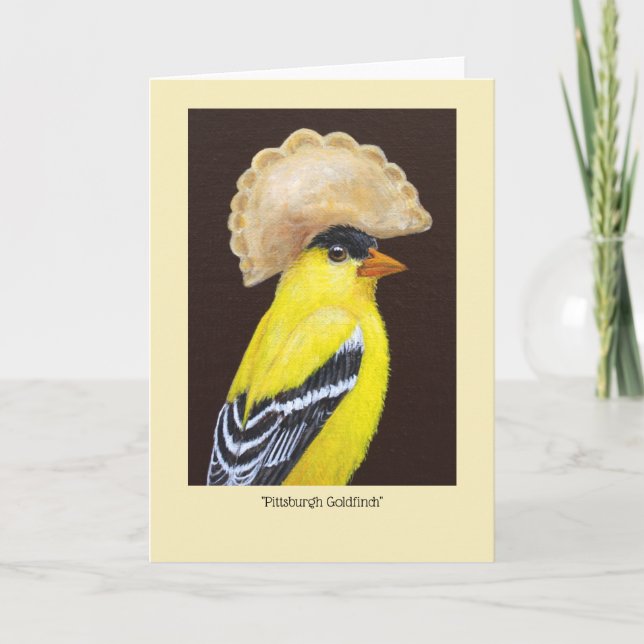 Pittsburgh Goldfinch with pierogi hat card (Front)
