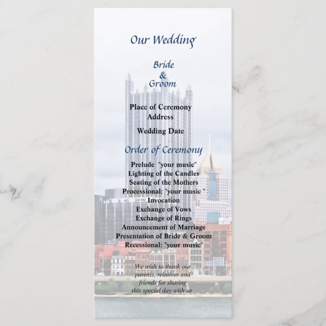 Pittsburgh PA Skyline Wedding Program (Front)