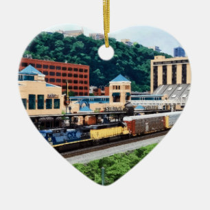 Pittsburgh PA - Train Going By Station Square Ceramic Tree Decoration