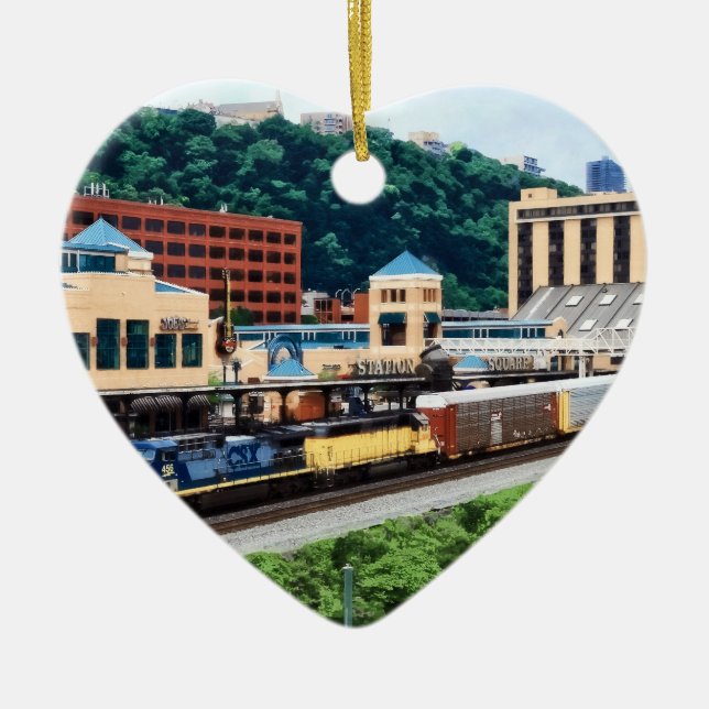 Pittsburgh PA - Train Going By Station Square Ceramic Tree Decoration (Front)