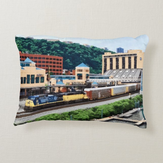 Pittsburgh PA - Train Going By Station Square Decorative Cushion (Back)