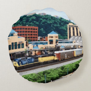 Pittsburgh PA - Train Going By Station Square Round Cushion