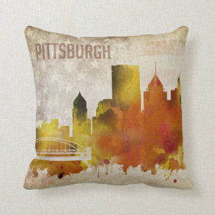 Pittsburgh, PA Watercolor City Skyline Cushion