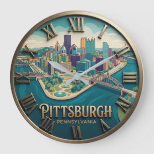 Pittsburgh Pennsylvania Skyline and Bridges Large Clock