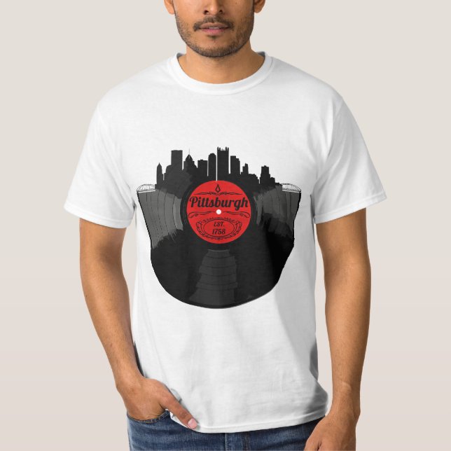 Pittsburgh Pennsylvania Vinyl Record Skyline  T-Shirt (Front)