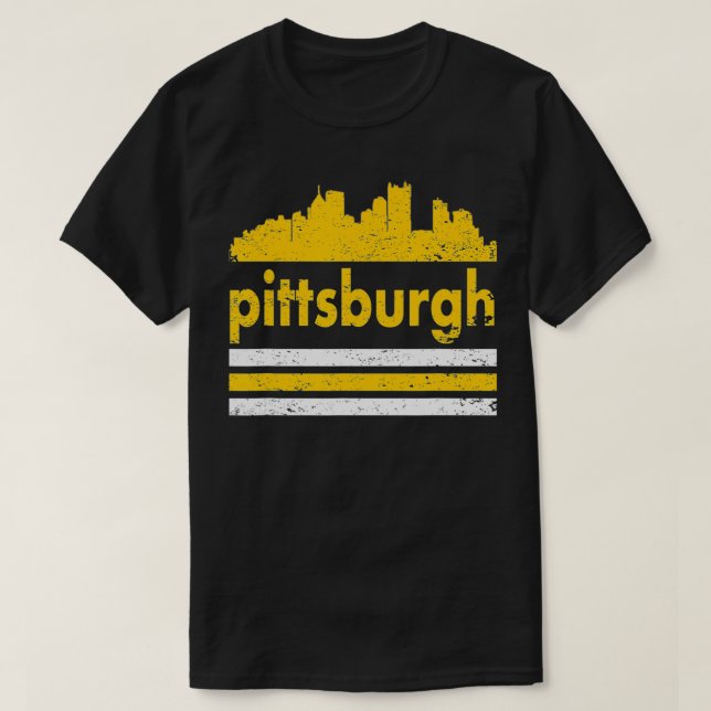 Pittsburgh Retro Three Stripe Black Weathered  T-Shirt (Design Front)