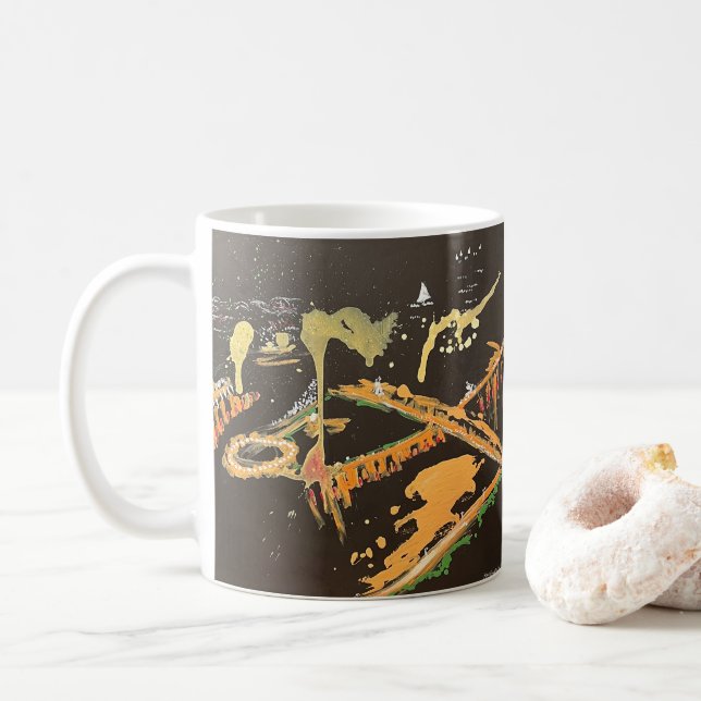 Pittsburgh Skyline Abstract Painting Two-Tone Coff Coffee Mug (With Donut)
