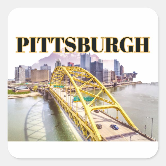 Pittsburgh skyline and Fort Pitt Bridge Square Sticker (Front)