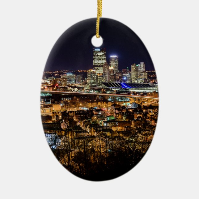 Pittsburgh Skyline at Night Ceramic Ornament (Front)
