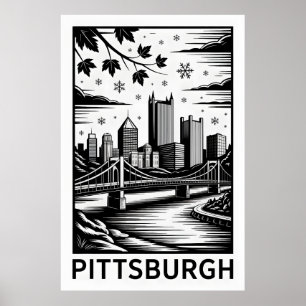 Pittsburgh Skyline Black & White Winter City Poster
