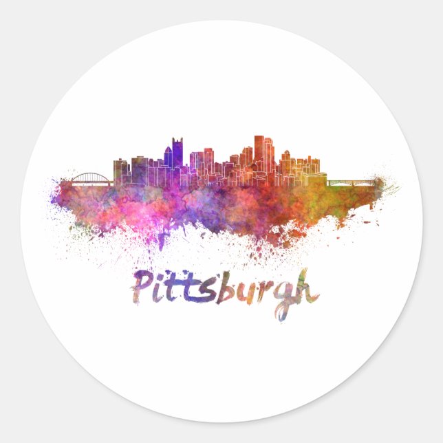 Pittsburgh skyline in watercolor classic round sticker (Front)