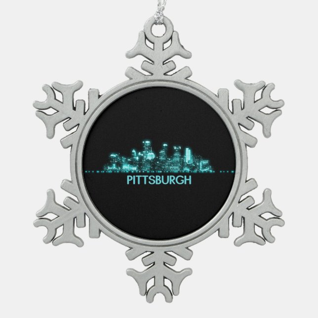 Pittsburgh Skyline Snowflake Pewter Christmas Ornament (Front)