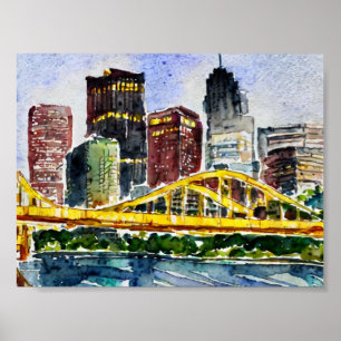 Pittsburgh Skyline watercolor painting Poster
